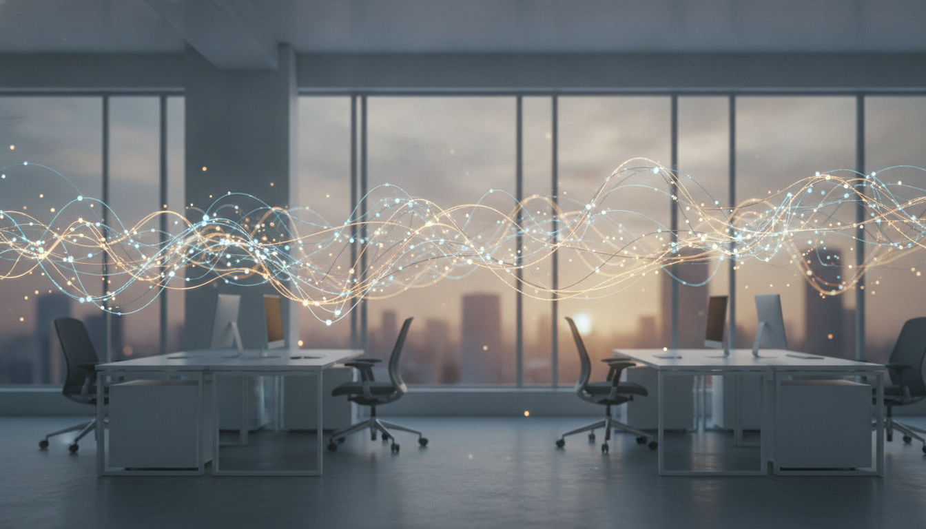 Réseau abstrait de flux de données interconnectés symbolisant les modules d'intelligence artificielle intégrés à un ERP