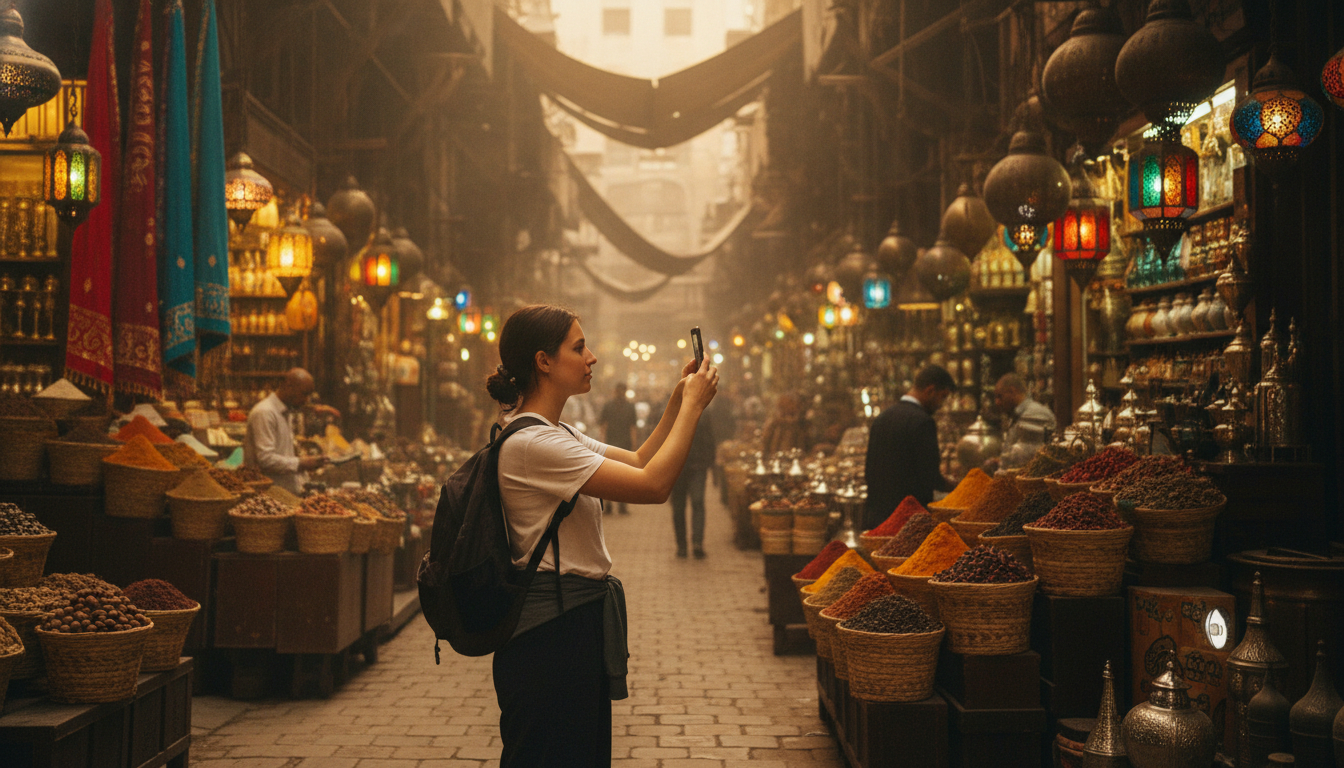 Staying connected on the move across Egypt in the Khan el-Khalili bazaar