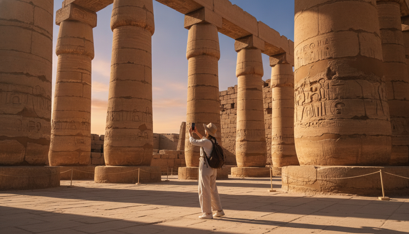 Activating an Egypt travel eSIM by scanning a QR code at Luxor temple