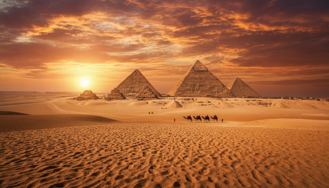 The Giza pyramids at golden hour, staying connected in Egypt with an eSIM data plan