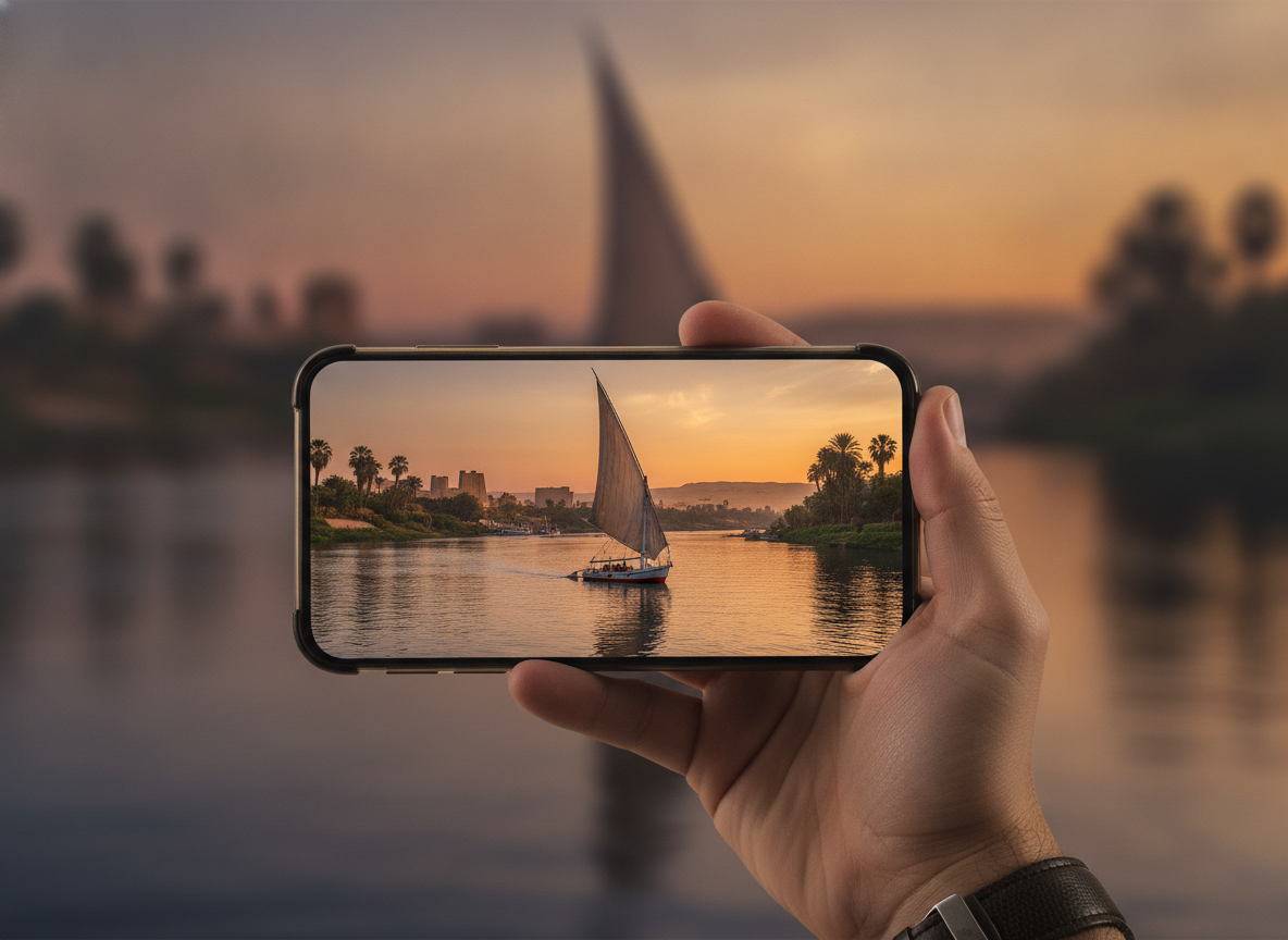 Saving on an Egypt travel data plan with a promo code beside a Nile felucca