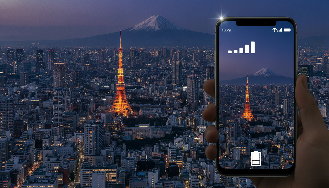 Comparatif des eSIM pour voyager au Japon : skyline de Tokyo et smartphone connecté au réseau