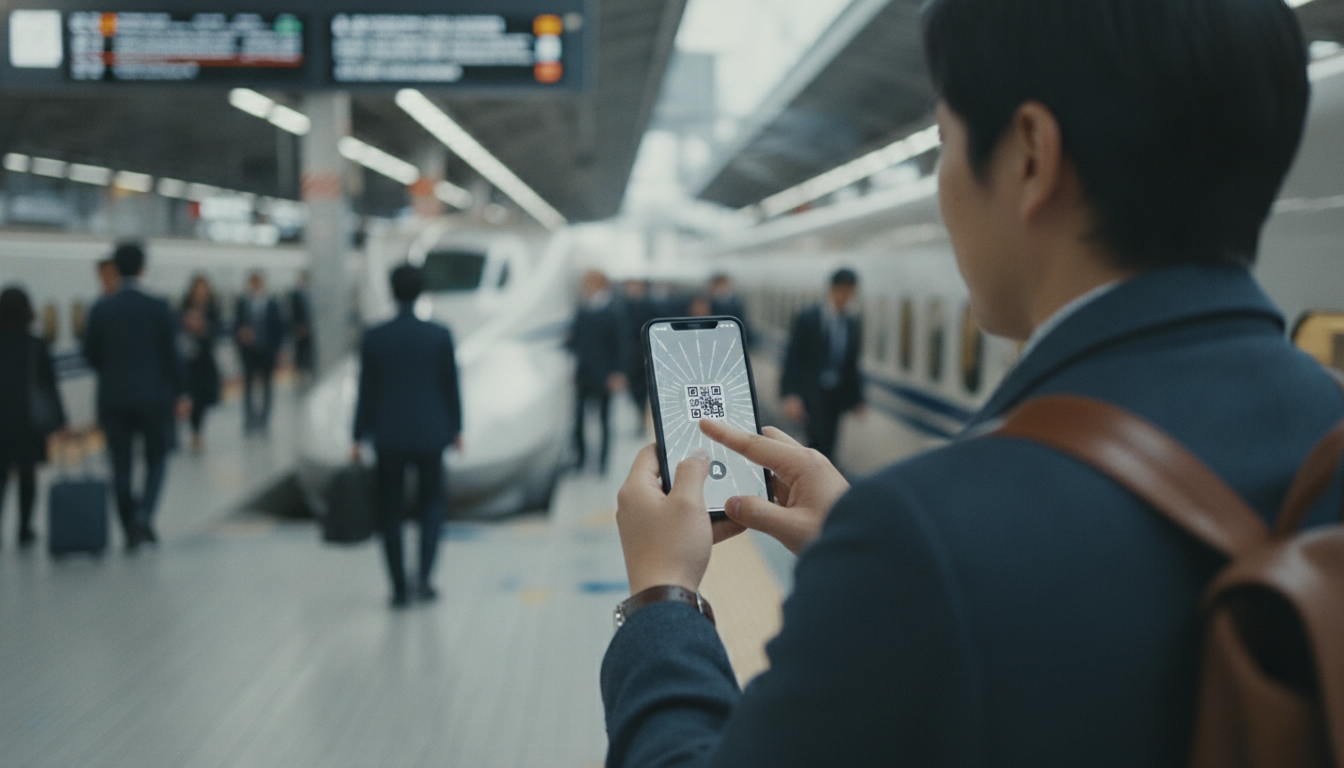 Installation d'une eSIM par QR code avant un voyage au Japon, sur un quai de Shinkansen