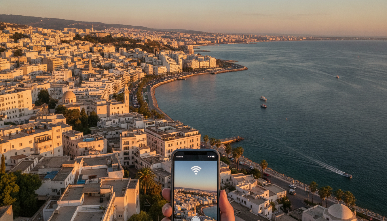 Comparatif des eSIM pour voyager en Algérie : baie d'Alger et smartphone connecté au réseau