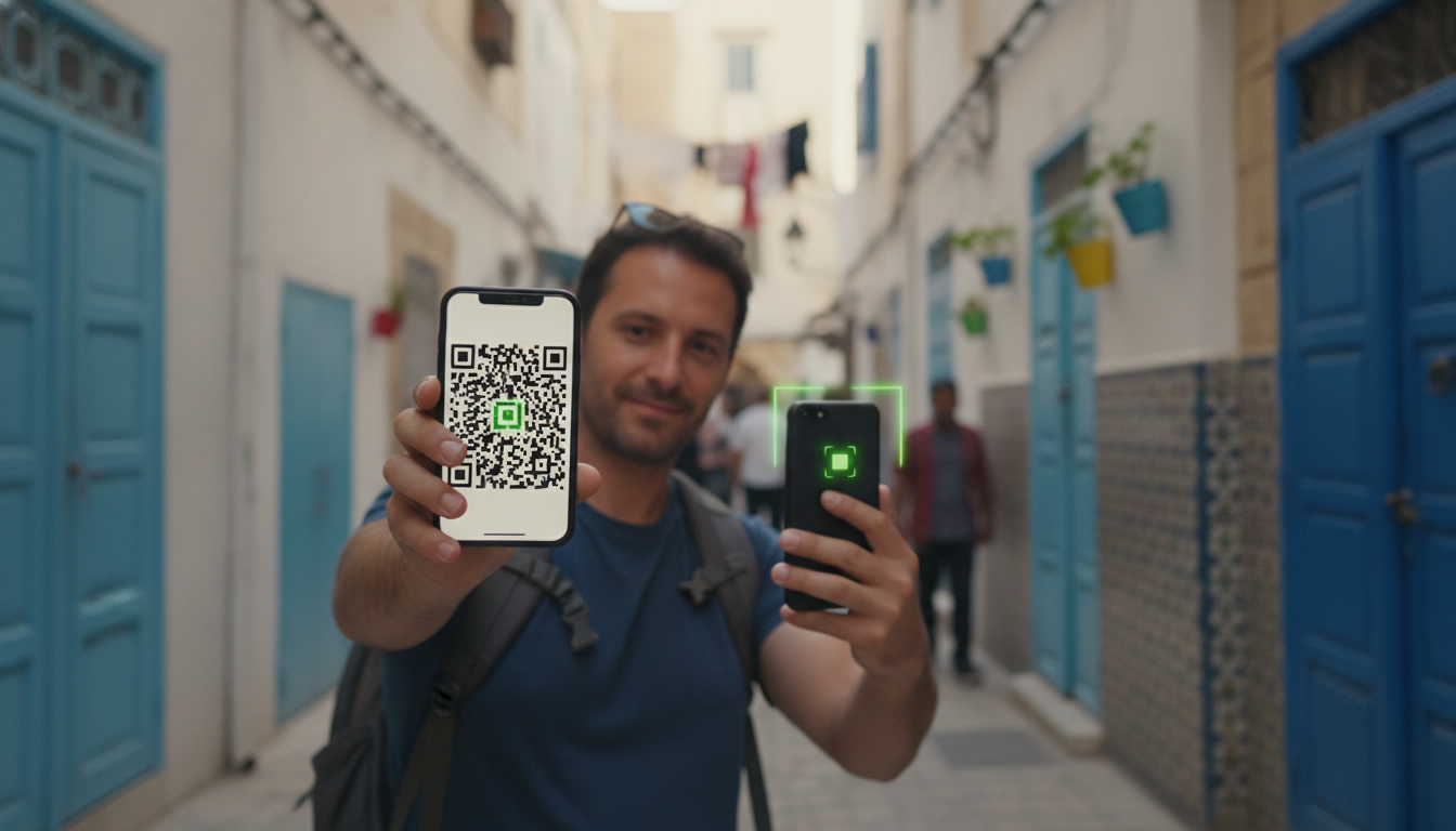 Installation d'une eSIM par QR code avant un voyage en Algérie, baie d'Alger en arrière-plan