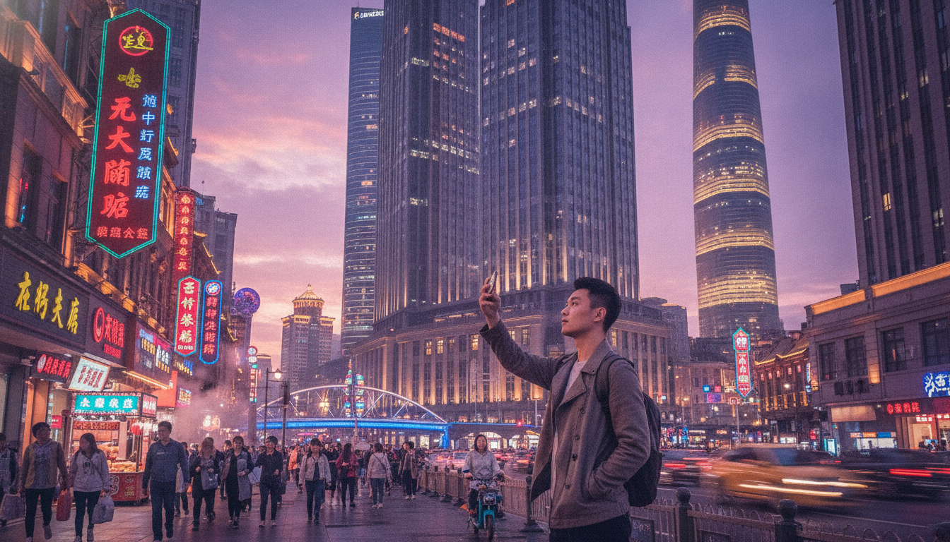 Voyageur connecté dans une rue de Shanghai en soirée avec son smartphone