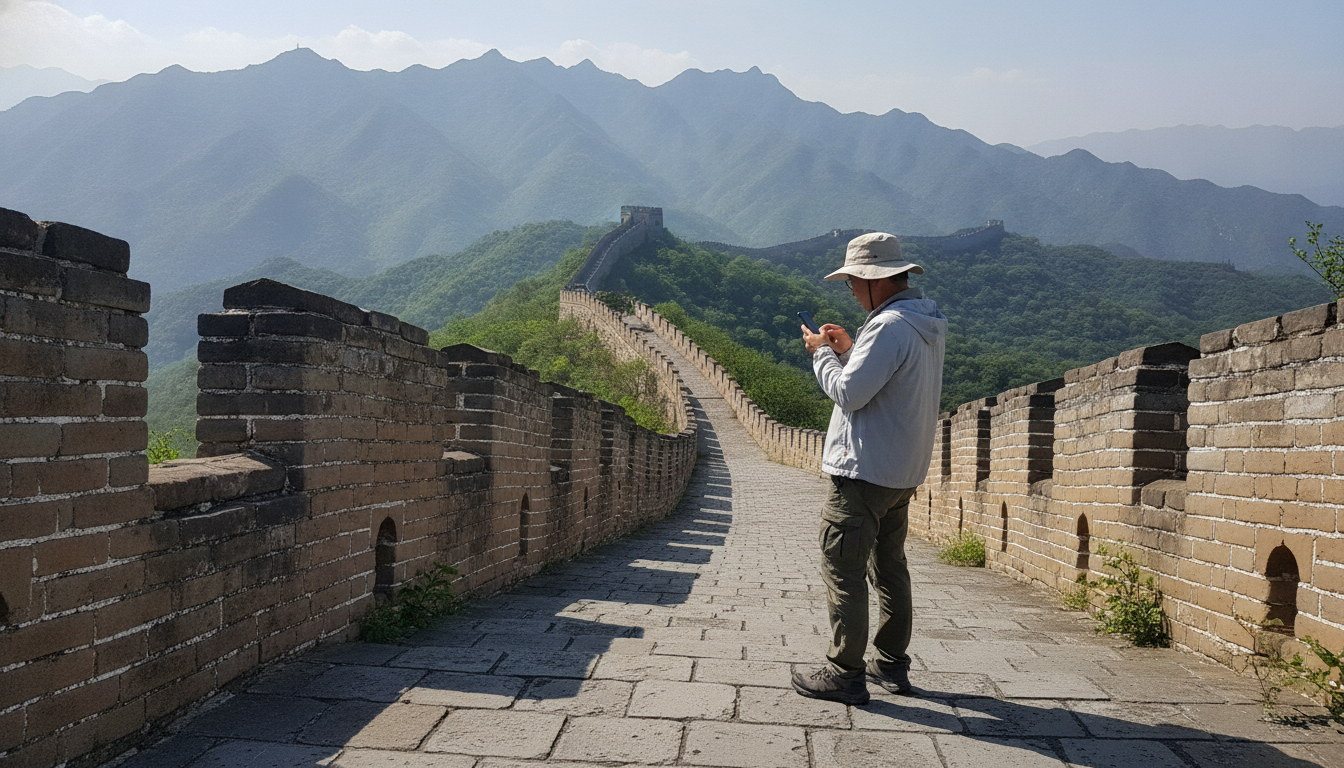 Touriste sur la Grande Muraille de Chine consultant son smartphone connecté en eSIM