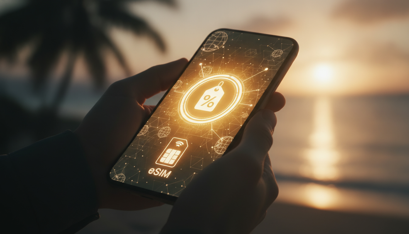 eSIM-Rabattcode auf dem Smartphone beim Buchen eines Datenpakets für die Reise einlösen