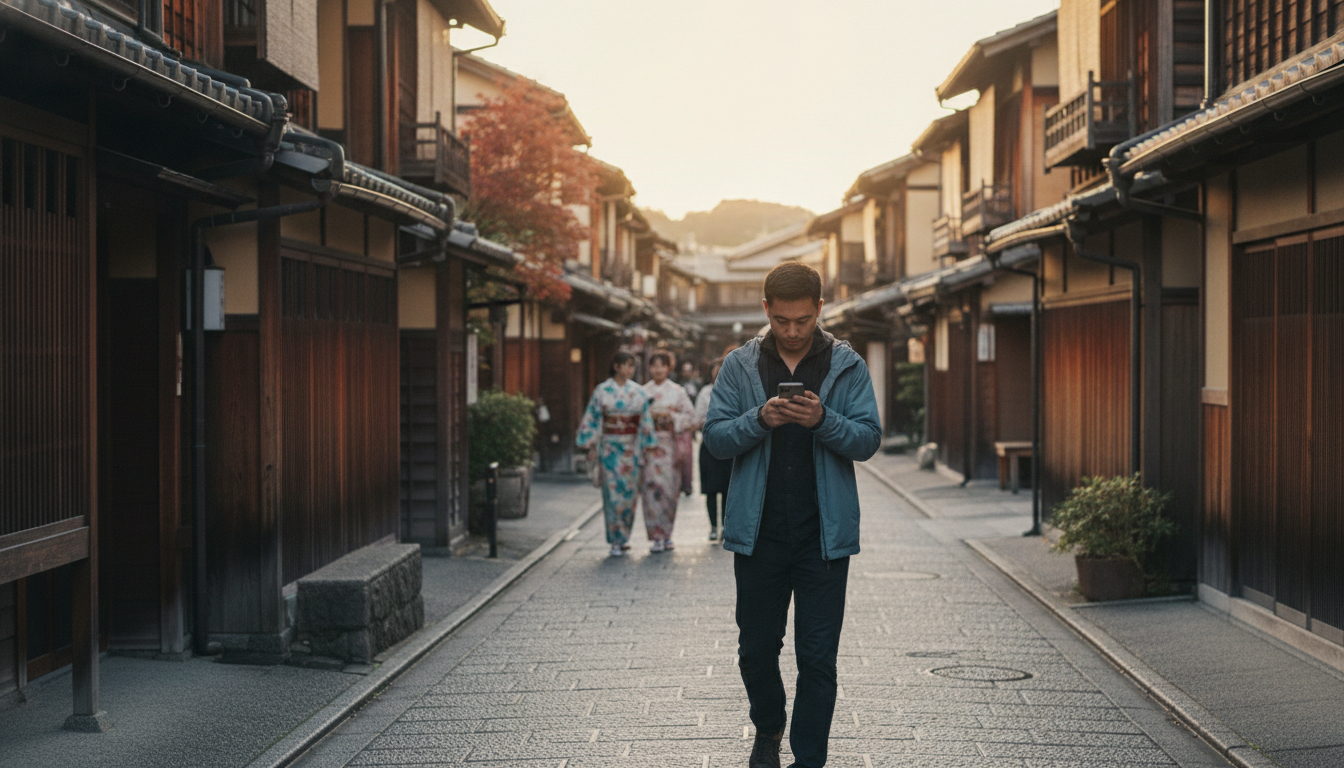 Staying connected on a Kyoto street with a smartphone in Japan