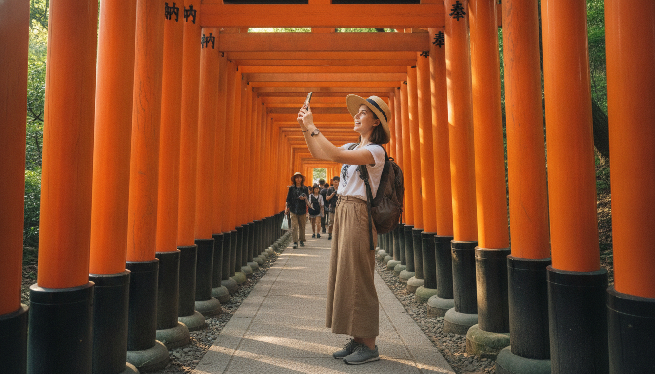 Activating a Japan travel eSIM by scanning a QR code at Fushimi Inari