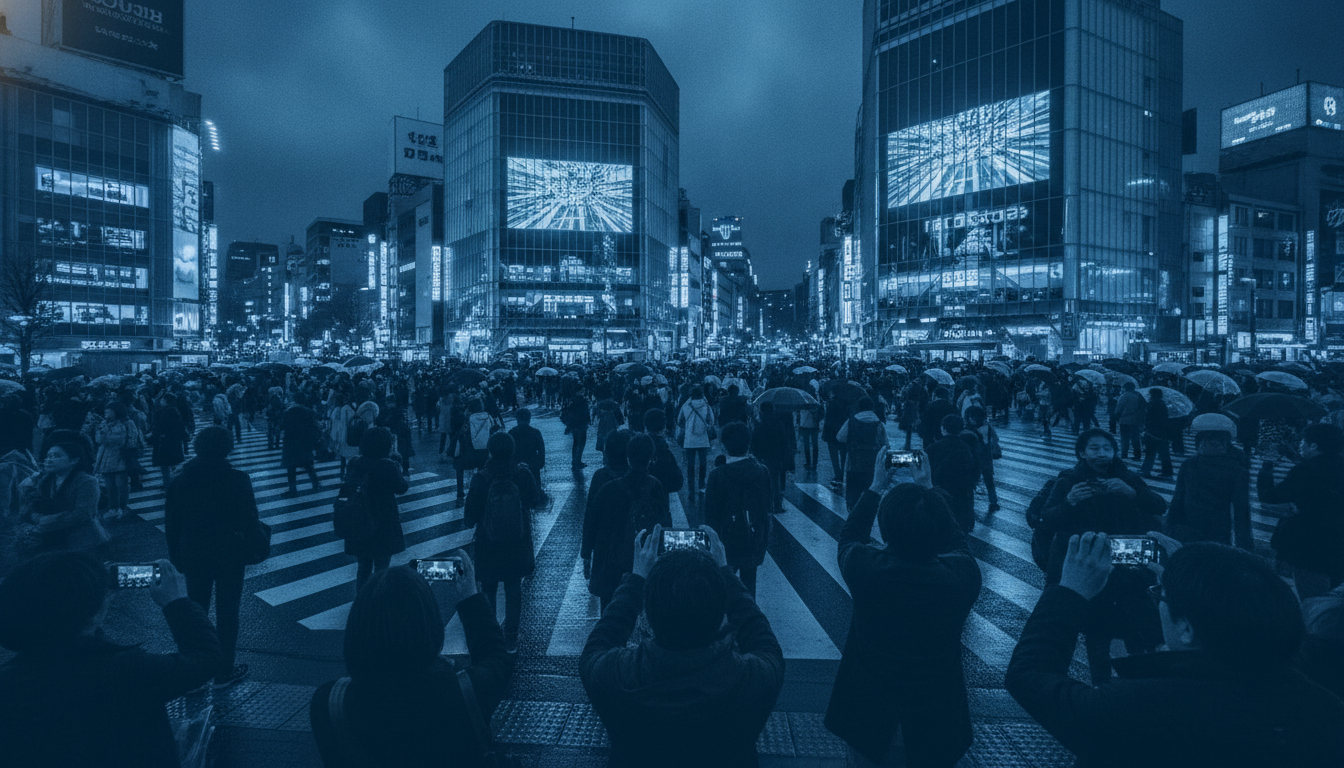 Shibuya crossing in Tokyo lit by neon at night, staying connected in Japan with an eSIM