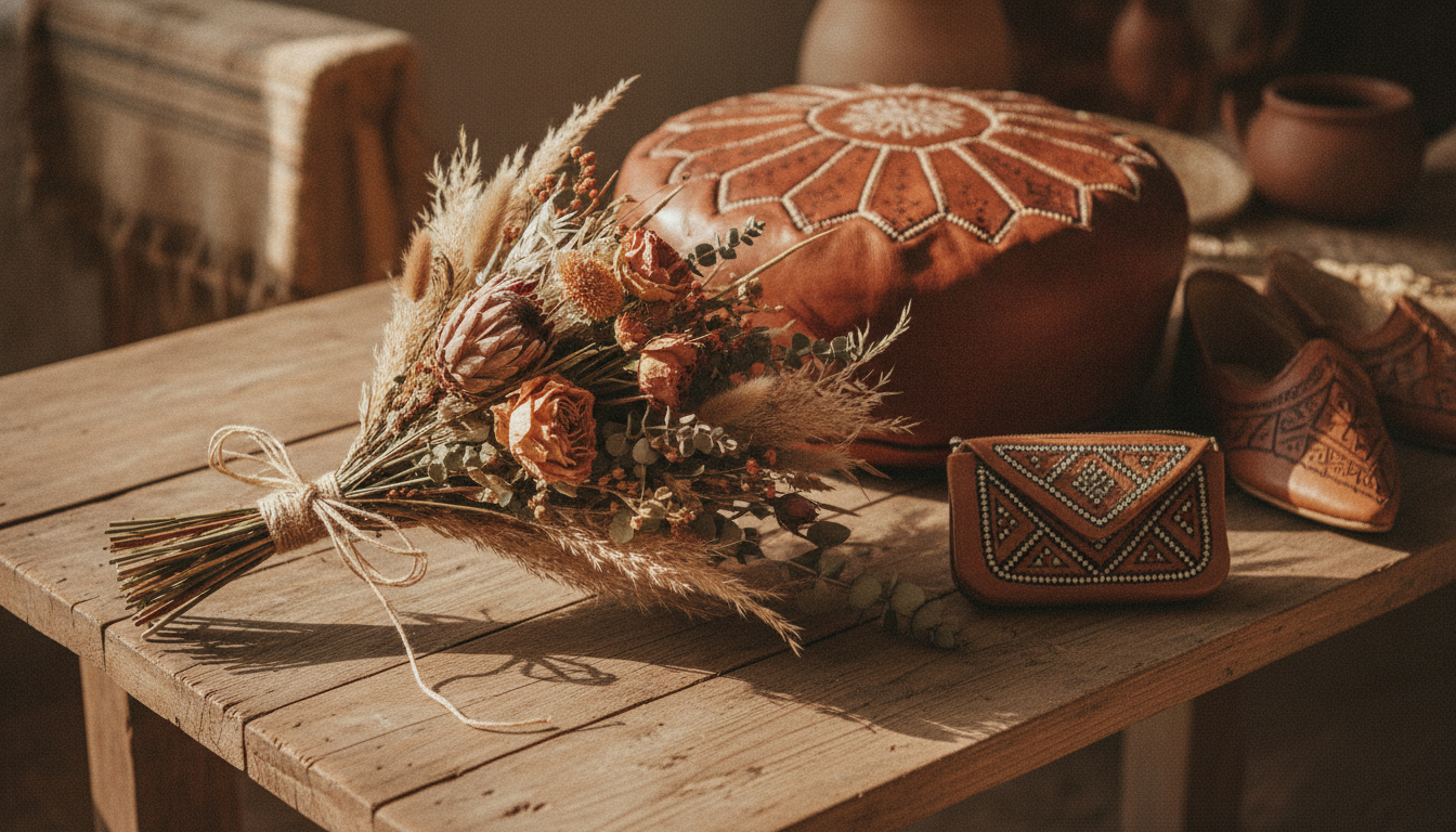 Illustration florale pour Comment choisir un bouquet de fleurs séchées et accessoires en cuir marocain en 2026