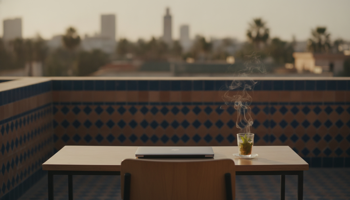Terrasse de travail au Maroc avec ordinateur portable et thé à la menthe, ambiance zellige et vue sur la ville