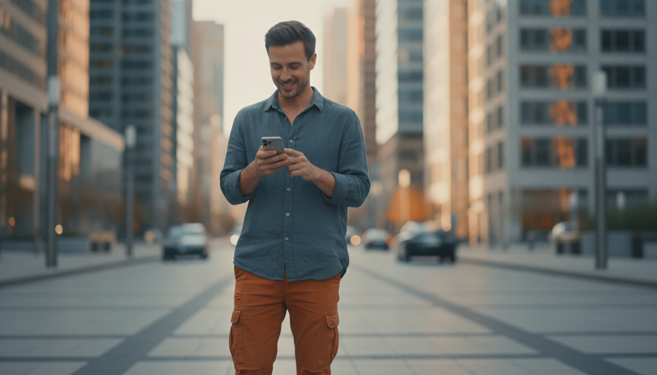 Traveller applying an eSIM promo code on a city street