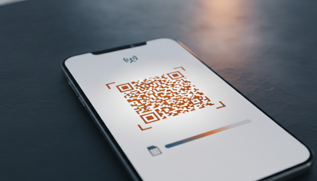 Scanning an eSIM QR code on a smartphone after redeeming a promo code