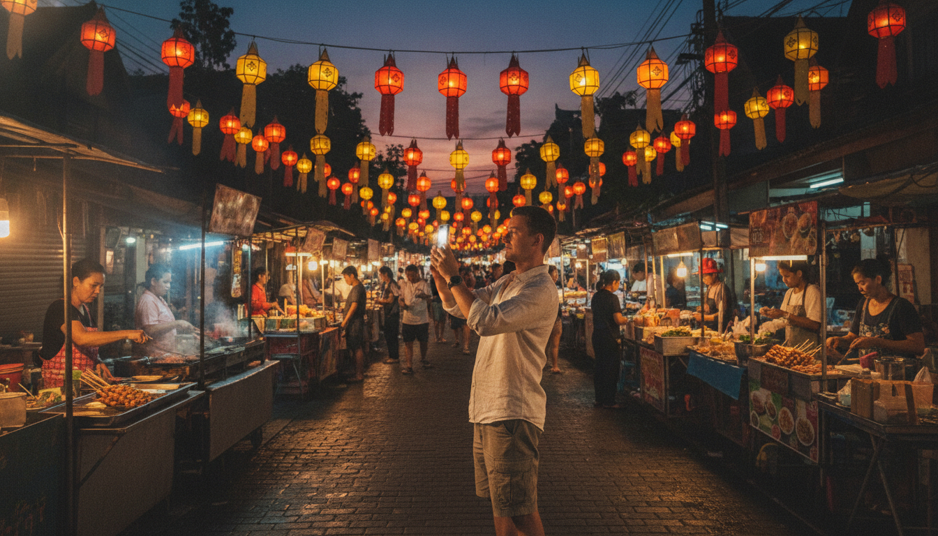 Staying connected in a Chiang Mai night market across Thailand