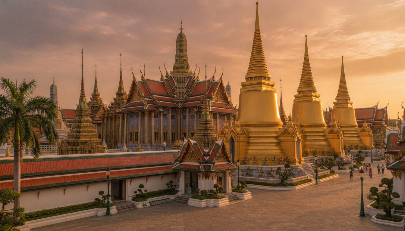 The Grand Palace in Bangkok at golden hour, staying connected in Thailand with an eSIM data plan