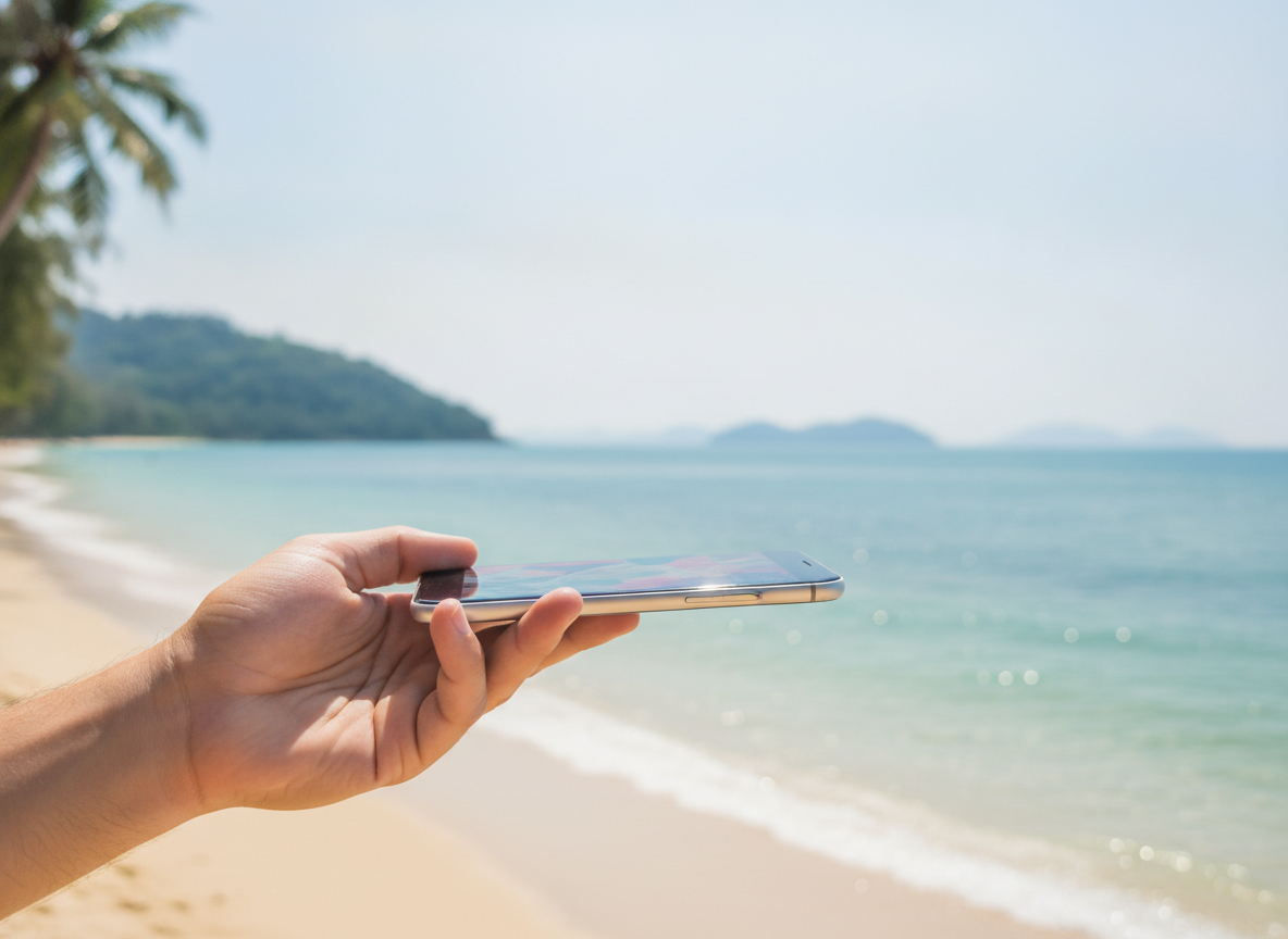 Saving on a Thailand travel data plan with a promo code by a Phuket beach
