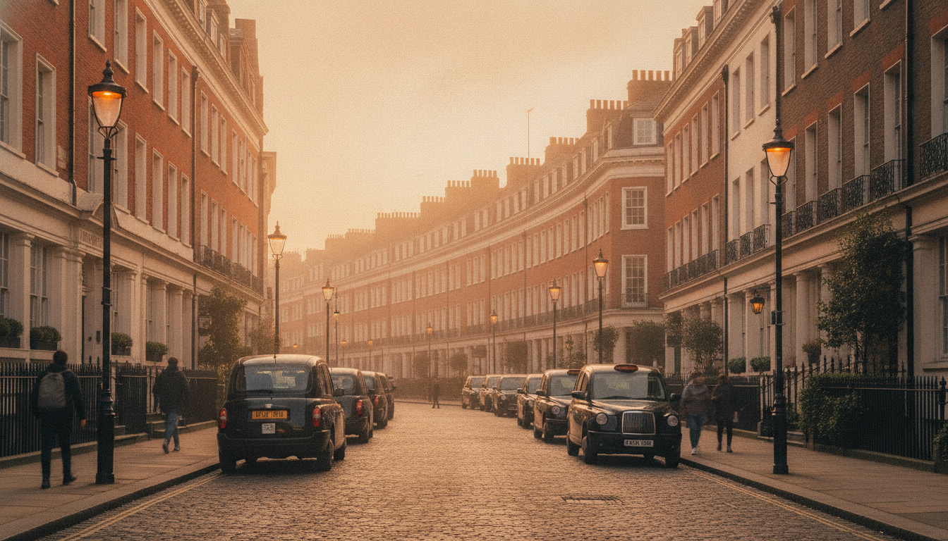 Rue pavée de Londres avec taxis noirs au lever du jour, ambiance week-end